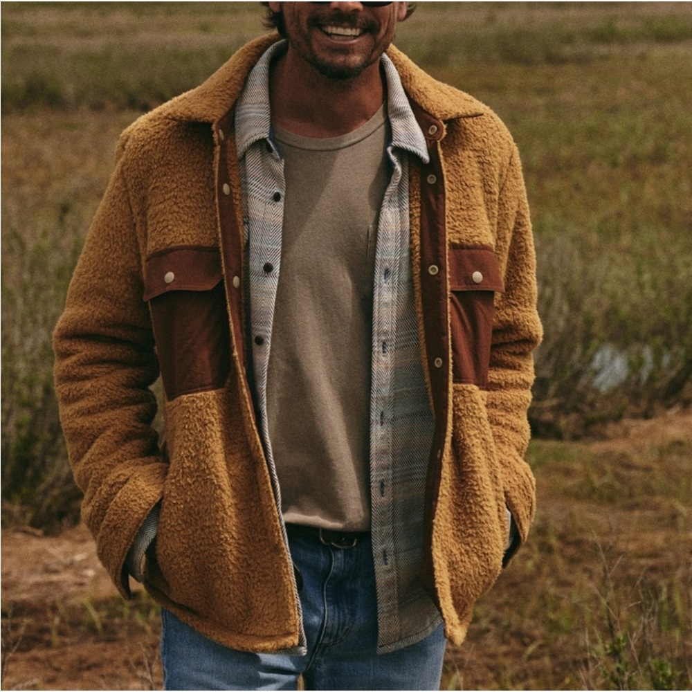 Outerknown Skyline Men’s Sherpa Jacket in Mustard Brown Snap